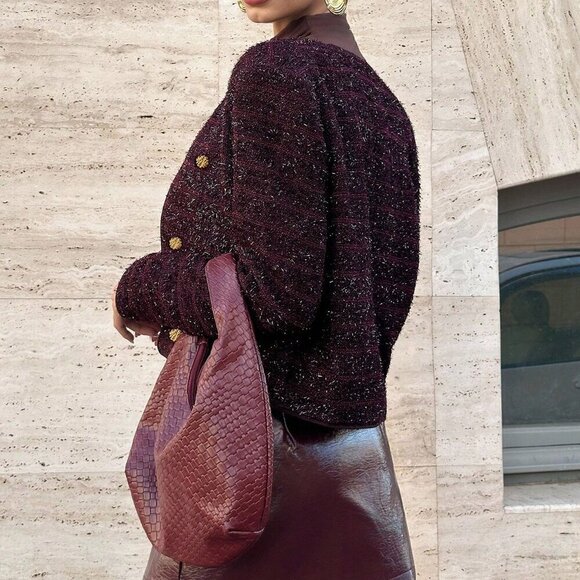 Burgundy Elegant Women's Wine Thick Tweed Round Neck Long Sleeve Jacket - Picture 2 of 6